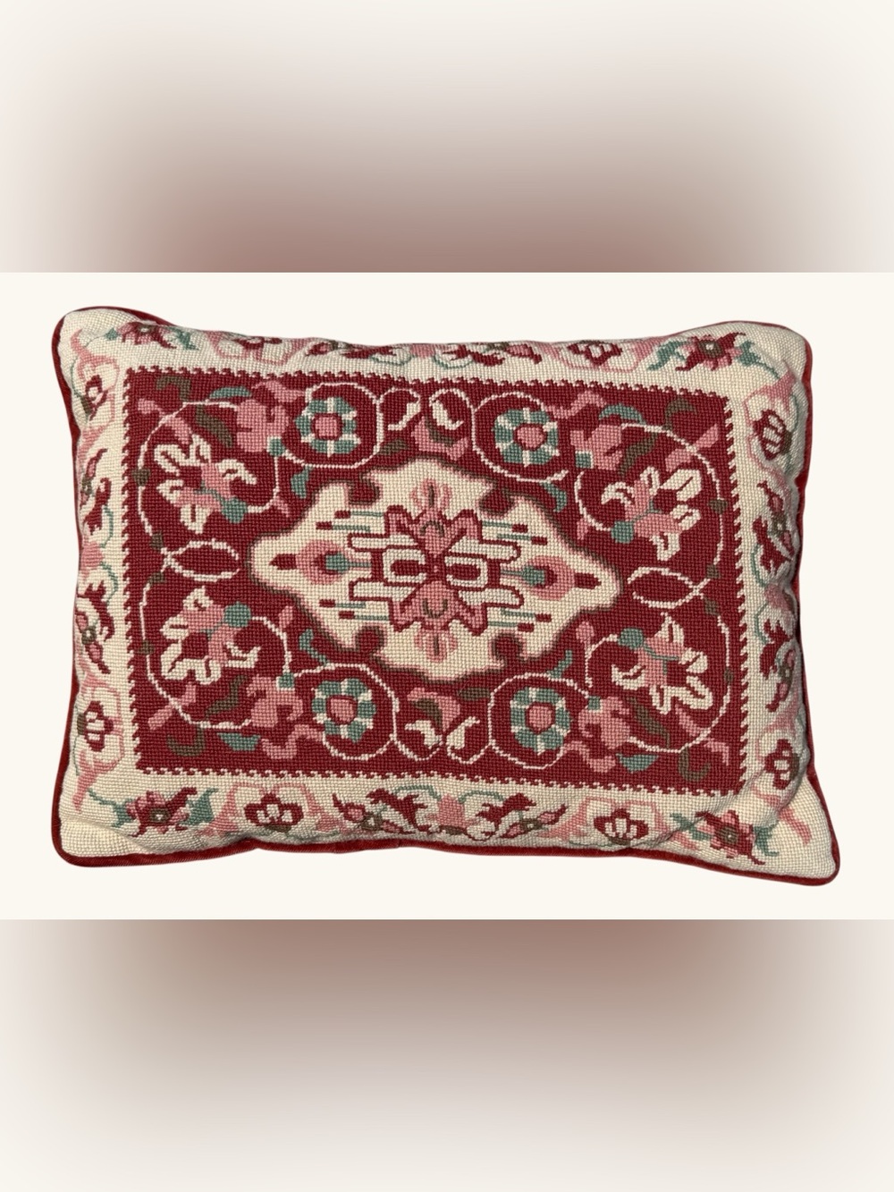 Vintage Needlepoint Pillow Red Velvet Backing Floral Accent Pillow 16’’x 11’’